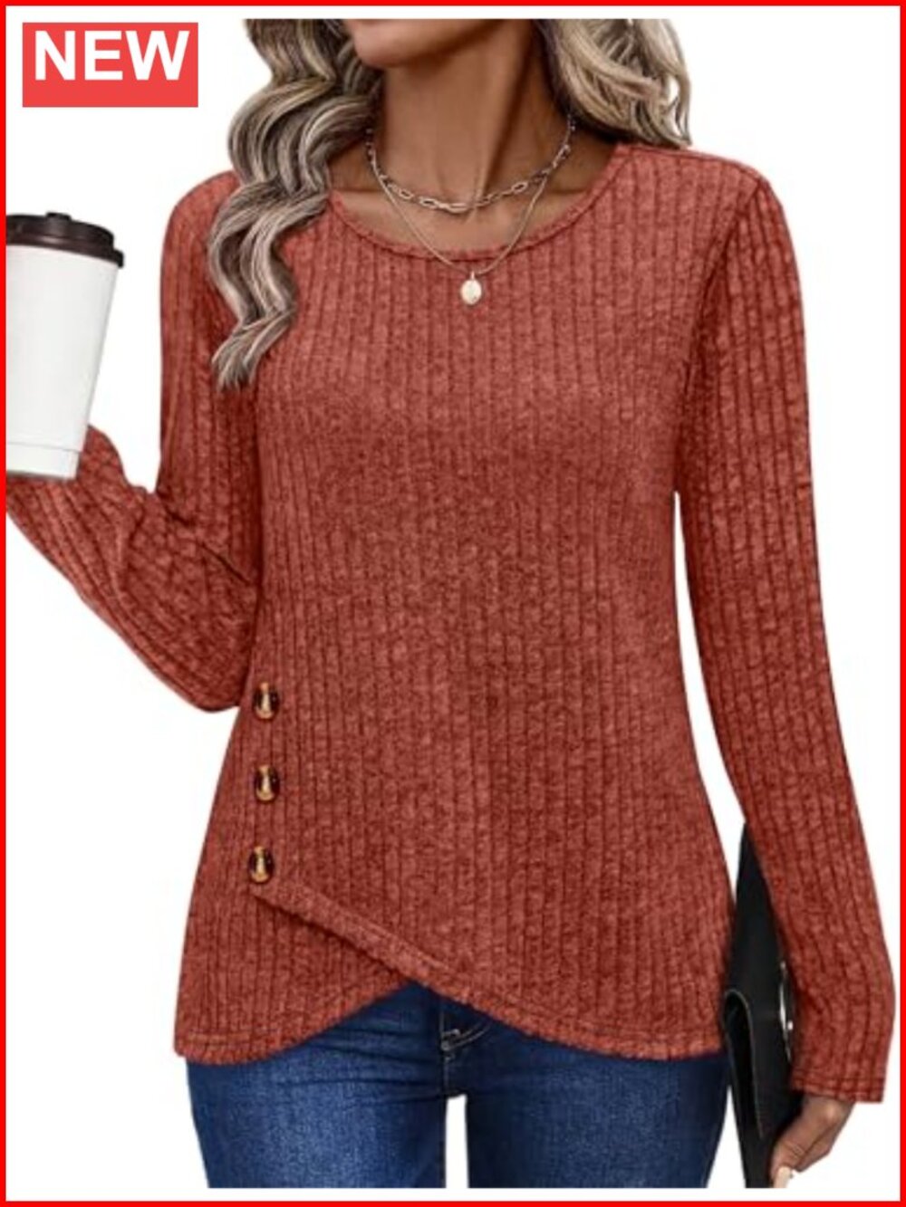 Tunic Sweater Women Long Sleeve Crew Neck Button Detail Top